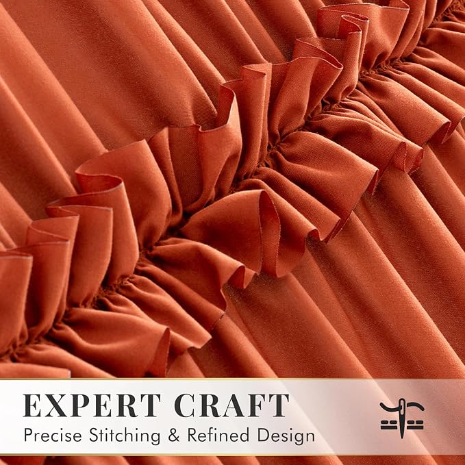 LIPA Boho Shower Curtain Rustic Ruffle Shower Curtain with Ruched & Bow Vintage Farmhouse Shower Curtains for Bathroom Bohemian Bathroom Decor(Orange,72x78 Inches)