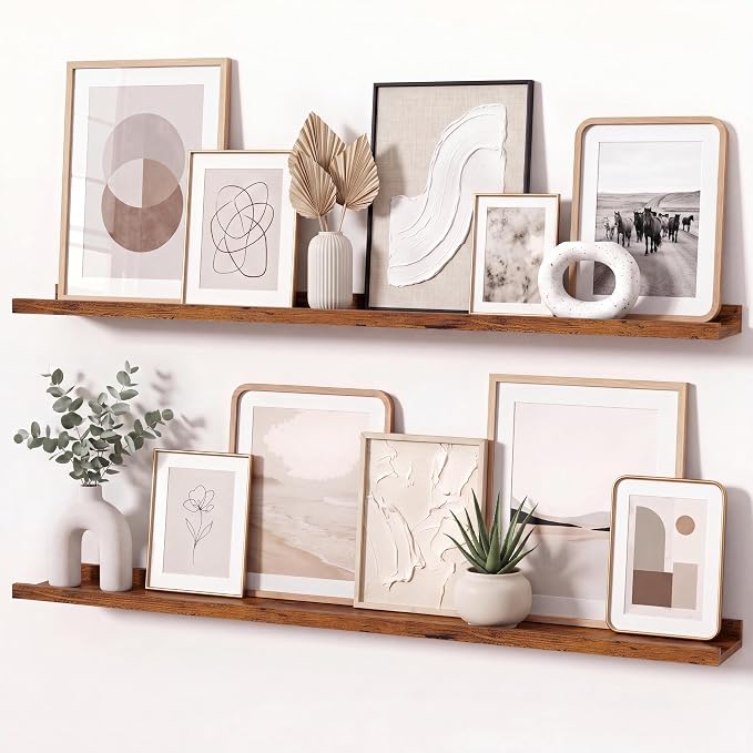 Brown Picture Ledge Shelves for Wall, 4.5" Deep Wood Floating Shelves with Lip for Bedroom, Living Room, 40" Width, Color Brown Set of 2