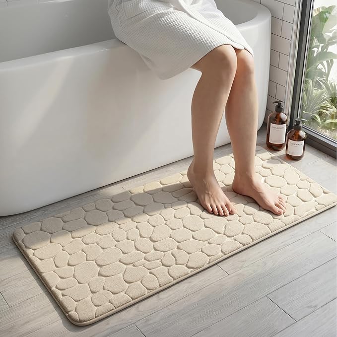 Memory Foam Runner Rug, Cobblestone Bathroom Runner Rugs Super Water Absorbent Bath Mats for Bathroom Machine Washable Bath Rugs for Hallway Bedroom Laundry Room(20 x 47,Khaki)