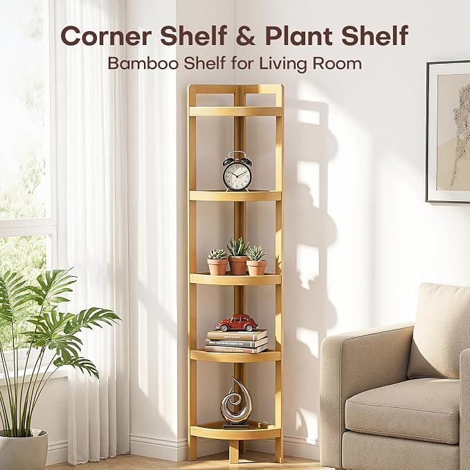 2026 New Bamboo Standing Shelf, 5 Tier Corner Shelf Stand, Free-Standing Shelf Units, Triangular Curved Corner Shelf Stand for Space-Saaving Display Ideal for Bathroom/Kitchen/Living Room Storage
