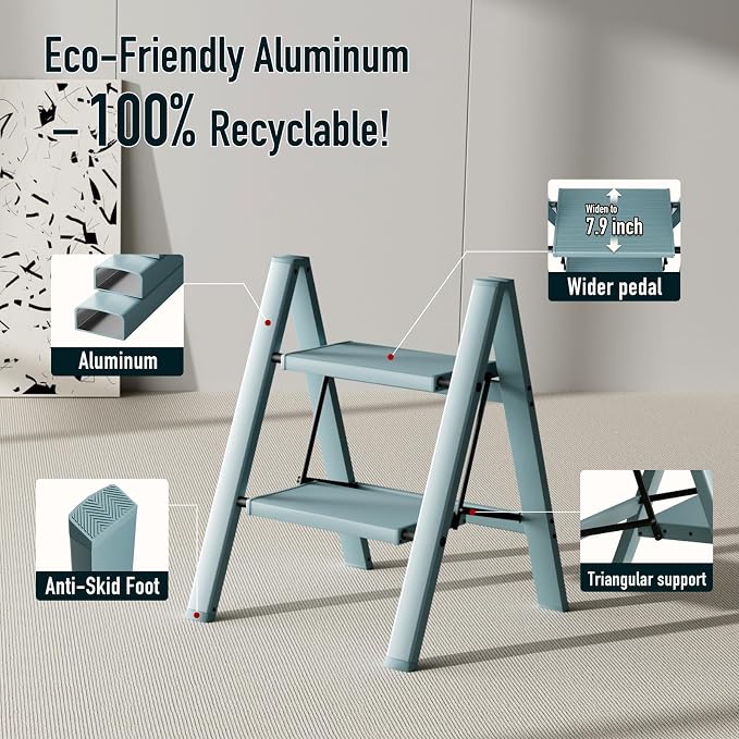 Mayi Plus 2 Step Stool Foldable, Aluminum, Lightweight Step Ladder | Extra-wide anti-slip folding steps with 330 lbs, for home,kitchen,office,outdoor,Blue