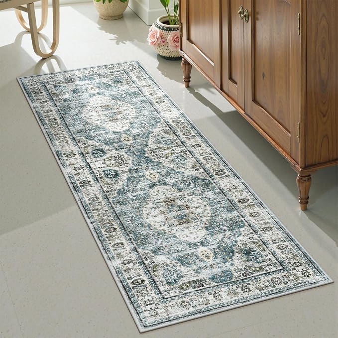Uphome Bathroom Rugs Runner, Distressed Farmhouse Boho Blue Bath Mat, Non Slip Washable Long Bath Rugs, Vintage Traditonal Soft Velvet Bathroom Runner for Bathtub Sink Shower, 20x60 inch