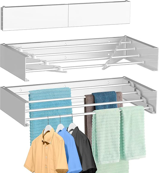 Laundry Drying Rack Wall Mounted Clothes Drying Rack White,23.6" | Collapsible Drying Rack With 4 Aluminum Rods and Drilling Template Long Screwdriver Bit 60 lbs Capacity