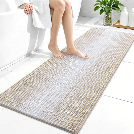OLANLY Bathroom Runner Rugs 47x20, Soft Chenille Striped Bath Rugs, Beige | Extra Absorbent, Rubber Backing, Machine Wash Dry, Bath Mats for Bathroom Floor, Tub and Shower, Home Decor Accessories