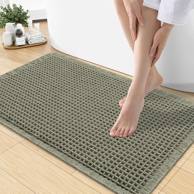 Smiry Waffle Bath Mat 30X18, Extra Soft Absorbent Bathroom Rugs, Green | Non Slip Machine Washable Quick Dry Bath Rugs for Bathroom Floor, Tub, Shower, Home Decor Accessories