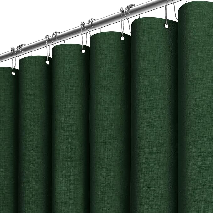Emerald Green Linen Textured Waterproof Fabric Shower Curtain, 72x72 | 230GSM Polyester, Heavy Duty Cloth, Weighted Hem, 12 Plastic Hooks, Modern Hotel Style, Machine Washable, Bathroom Decor