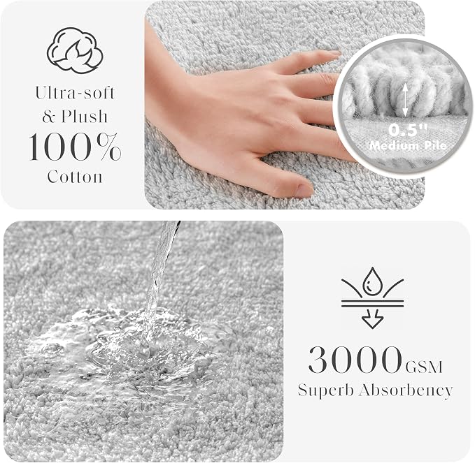 Madison Park Splendor Reversible 100% Cotton Bath Runner, 24 x 60, Grey | Tufted Bathroom Rug, 3000 GSM, Hotel Quality, Luxurious Plush, Medium Pile, Absorbent, Quick Dry, OEKO-TEX, Shower Room Décor