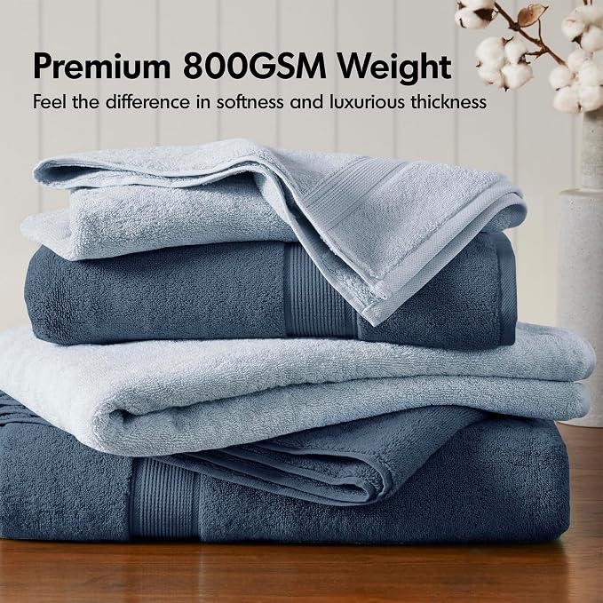 Madison Park 800GSM 100% Cotton Bathroom Bath Towel Set of 8, Blue | Long Staple, Highly Absorbent, Durable Hotel Spa Quality, Quick Dry, Double Stitched Hems, Lint Reducing, OEKO-TEX Certified