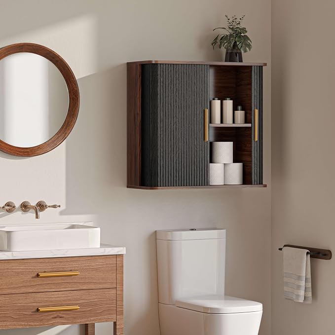 FIMELLO 29.5" W Bathroom Wall Cabinet, Laundry Room Cabinets Wall Mounted with Sliding Tambour Door, Kitchen Wall Cabinet, Floating Cabinet for Wall, Upper Cabinets, Black Walnut