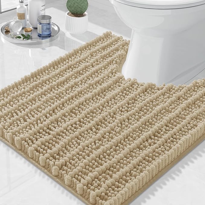Arotive Toilet Rugs U-Shaped 24x24, Soft Absorbent Chenille Shaggy Bath Mat | Beige, Machine Wash Dry, Bath Rugs for Bathroom Floor, Tub and Shower, Home Decor Accessories