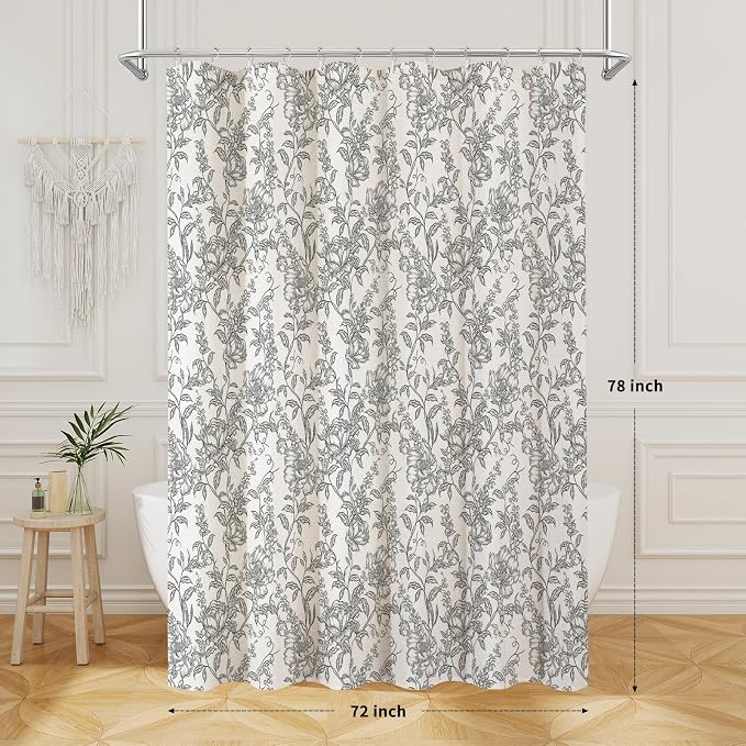 Black Boho Linen Shower Curtain, Farmhouse Floral for Bathroom | Botanical floral print. Rustic farmhouse boho decor. Durable linen blend fabric. Machine washable for easy care. 72x78