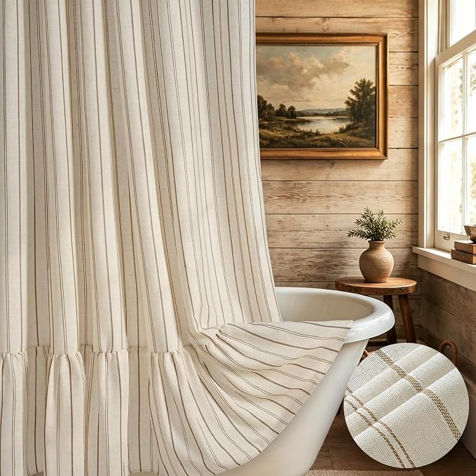 Yinhua Farmhouse Linen Shower Curtain with Ruffle, Vintage Striped Long Shower Curtains Set for Bathroom, Tan Waterproof Bath Curtain with 12 Metal Hooks, Heavy Duty Washable Cloth, 72" W x 84" L