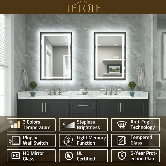 24 x 32 Led Mirror Brushed Gunmetal Gray/Off‑Black Metal Frame Frontlit & Backlit Vanity Mirror Anti-Fog Stepless Dimmable 3 Colors White/Warm/Natural Wall Mirror with Lights Wall-Mounted