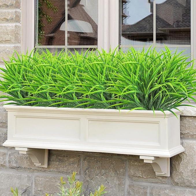 16 Pcs Artificial Plants Outdoor Fake Greenery Stems, Green | Faux grass, UV resistant, plastic plants shrubs, autumn Thanksgiving garden pathway window farmhouse front porch home decor