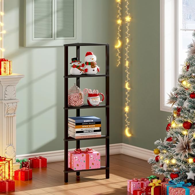 TUTOTAK Corner Shelf, 5-Tier Corner Bookshelf for Small Space | Narrow Display Corner Shelf Stand with Storage Rack, for Living Room, Bedroom, Black BS05BK005