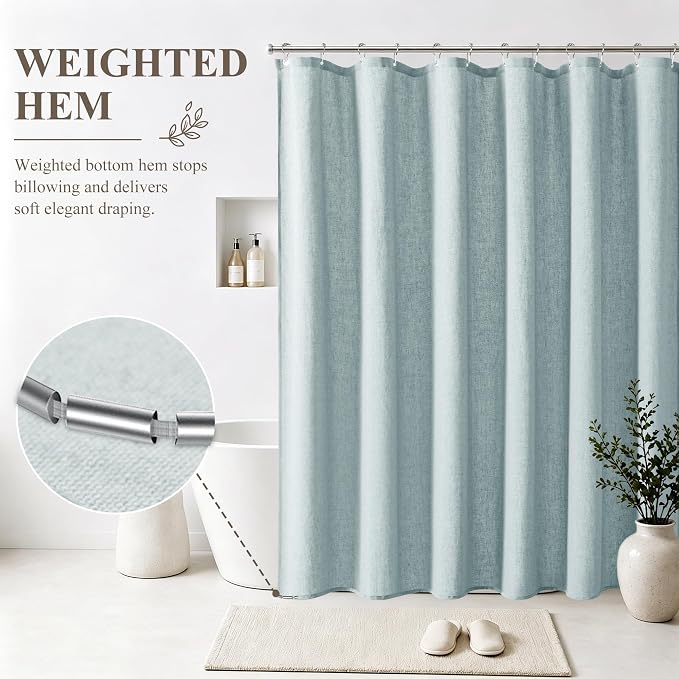 Jowels Blue Linen Fabric Shower Curtains for Bathroom, 72x78 | Long Size, Blue Linen Shower Curtains Set, Waterproof Washable Weighted Textile,Metal Hooks, Hotel Boho Farmhouse Decor