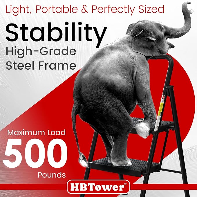 HBTower Step Ladder, Folding Step Stool with Wide Anti-Slip Pedal | Sturdy Steel Ladder, Convenient Handrail, Lightweight, Portable Steel Step Stool