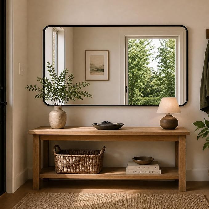 Koonmi Black Bathroom Mirror for Over Sink 36x71 Inch | Wall Mirror for Bathroom Matte Rectangle Metal Deep Framed, Shatterproof Tempered Glass, Hang Vertically or Horizontally
