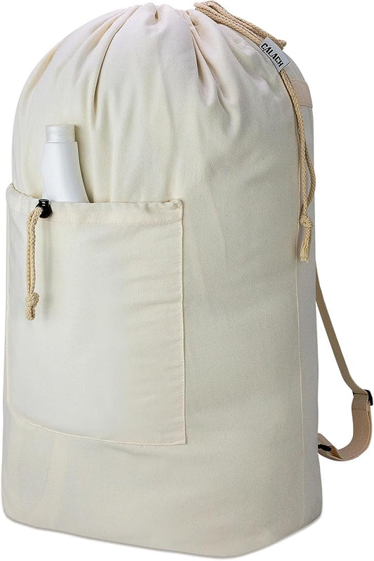 Laundry Backpack Canvas Laundry Bag with Straps Drawstring, Beige, XX-Large | Heavy Duty Washable Dirty Cloth Hamper Bag with Large Front Pocket for College, Travel, Laundromat, Camping