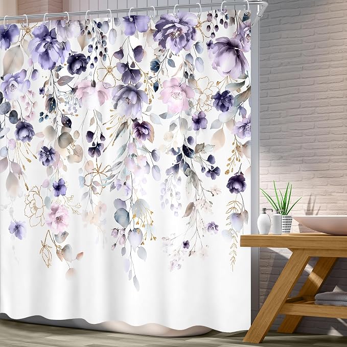 Floral Purple Pink Leaf Rustic Girly Bathroom Shower Curtain Set | 72"W x 78"L Flower Boho style, clear shower print, fast-dry fabric and hooks for a simple bath update.