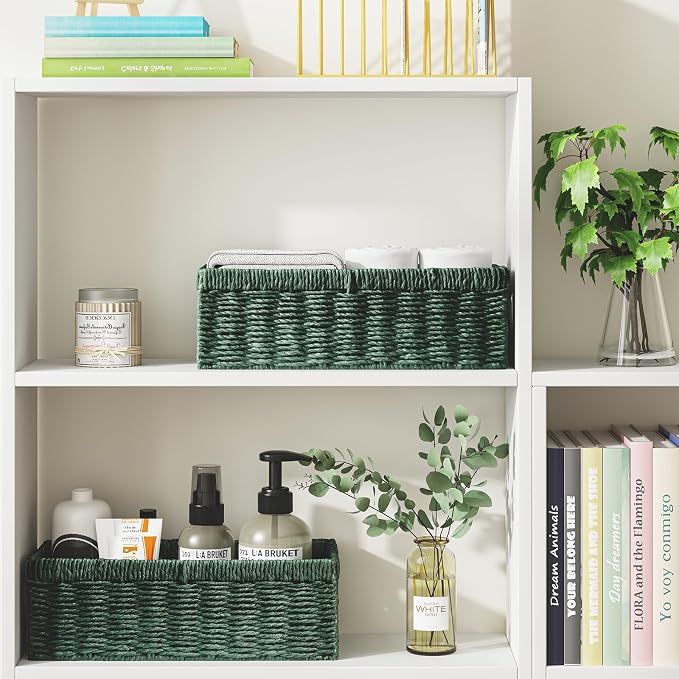 Wicker Storage Basket, Paper Rope Wicker Baskets with Handles, Toilet Paper Basket for Toilet Tank Top, Small Wicker Baskets for Organizing Shelves, 2-Pack, Green