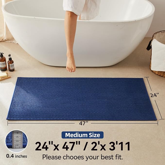 Triohero Bathroom Rugs Non Slip Washable, Super Absorbent Thin Bath Mat Quick Dry Low Pile Bathroom Rug, Navy Blue 24"x47"