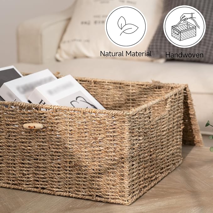 StorageWorks Wicker Storage Baskets for Shelves, Large Basket with Lid | Woven Baskets with Lids for Shelves, Wicker Storage Baskets with Lids, Decorative Box, Lidded Baskets for Organizing, 1 Pack