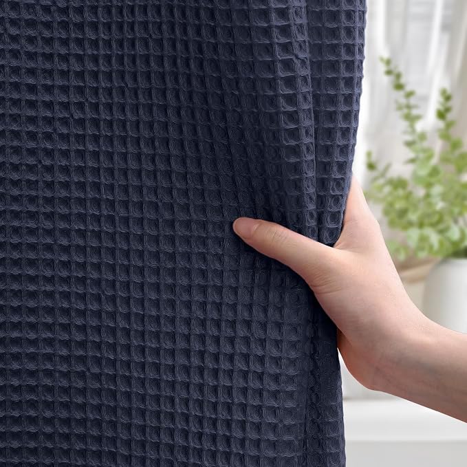 Long Waffle Shower Curtain Heavyweight Cotton Fabric Navy Blue 72Wx84L | Soft Cotton Cloth,3D Square Truely Waffle,Washable, Hotel Luxury Spa, Shower Curtains for Narrow Bathroom 12 Plastic Hooks