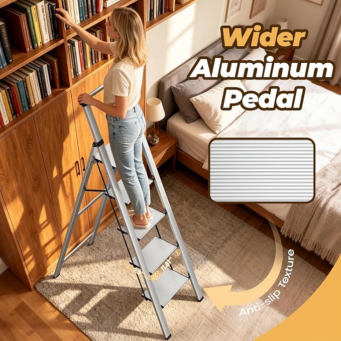 HBTower 5 Step Ladder, Lightweight Aluminum Folding Step Stool | Anti-Slip Wide Pedal, 330lbs Capacity Step Ladder for Household Kitchen Office, Light Silver