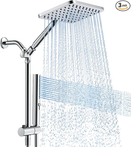 Hombeter High Pressure Rain Shower Head with Handheld Combo, 10 Inch Square Rainfall Showerhead, Adjustable Slide Bar Dual Shower System, 3 Spray Modes, 59" Stainless Steel Hose,Chrome