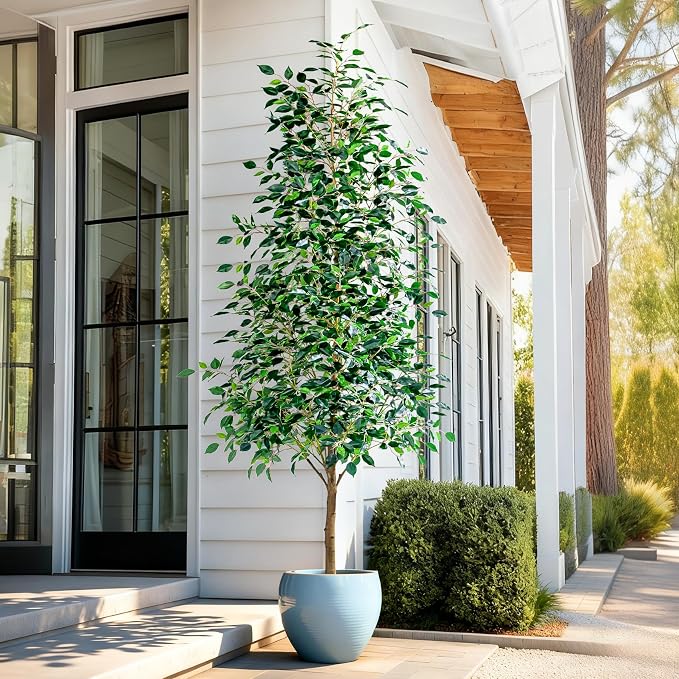 Bailikang 8FT Artificial Ficus Trees Indoor Faux Trees Indoor Fake Floor Plants Tall Artificial Tree with White Pot Faux Tree Fake Indoor Tree Silk Plants Artificial Trees for Home Decor Indoor