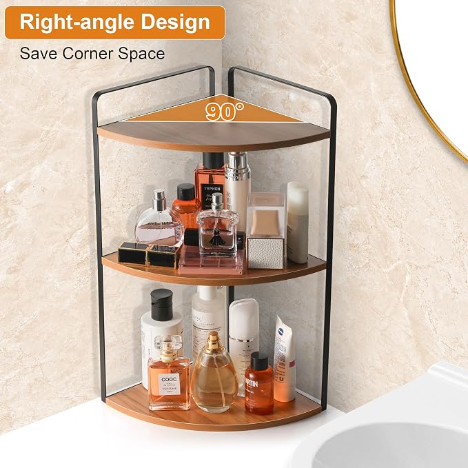 3 Tier Corner Bathroom Counter Organizer, Light Brown | Countertop Sink Organizer Rack, Wooden and Metal Counter Shelf, Space Saving Corner Bathroom & Vanity