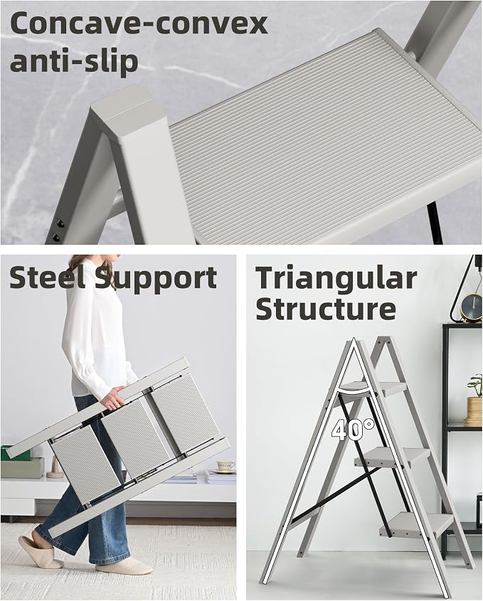 HillhutApex 3 Step Stool Foldable Ladder,Aluminum Step Ladder | Folding Lightweight Stable Stool with Wide Non-Slip Pedals, 330lbs Bearing Capacity Ladder for Office,Home,Kitchen-Grey