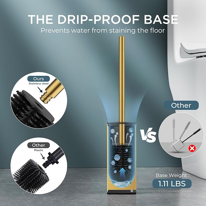 FORIOUS Toilet Brush, 2 Toilet Bowl Brush Head Square Short Gold | Heavy Duty 304 Stainless Steel Base, Silicone and Plastic Brush Heads, 360° Deep Cleaning, Drip-Proof, Splash-Proof Design