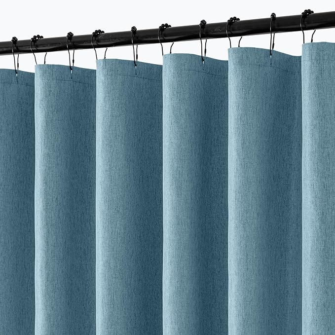 ANRODUO Moonlight Blue Long Linen Fabric Shower Curtain Set - W72xL108 | Farmhouse Shower Curtain with 12 Metal Hooks, Waterproof Heavy Duty, Button Hole Design, Machine Washable for Bathroom