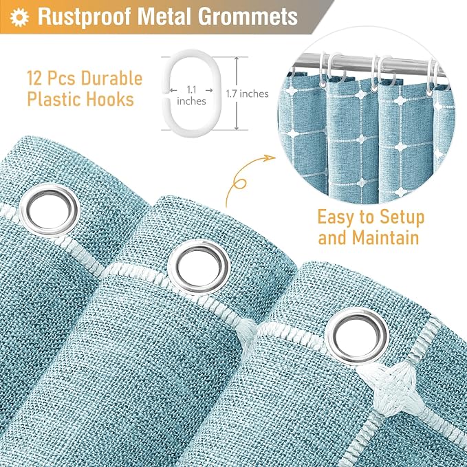 Teal Boho Farmhouse Linen Heavy Duty Shower Curtain, 72x72, Turquoise | 330GSM Linen Blend, Classic Plaid, 3-side Tassels, Water Repellent Fabric, 12 Plastic Hook, Rustic Bohemian, Machine Washable