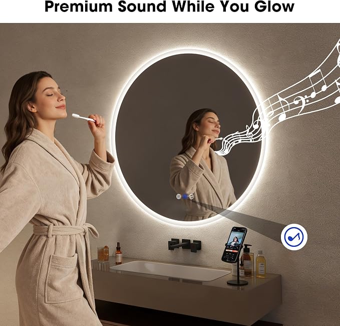 S·BAGNO 24’’ Round Led Bathroom Mirror with Lights, Anti-Fog Wall-Mounted Vanity Mirror, 3000K/4000K/6500K, Dimmable Inside Bluetooth Speaker Smart Mirror