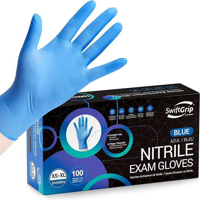 SwiftGrip Disposable Nitrile Exam Gloves, Blue, Latex Free, Medical Gloves for Cleaning, Food-Safe, Powder Free, Non-Sterile