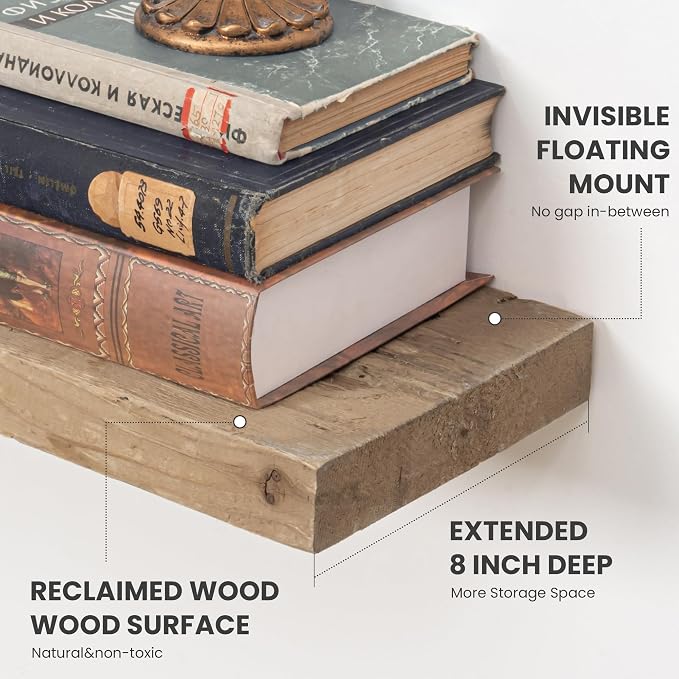 Floating Shelves, 8 Inch Deep Rustic Solid Reclaimed Wood Wall Shelves for Storage, Wall Mounted Display Shelving with Invisible Heavy-Duty Metal Bracket, 30 Inch Width Set of 2, Natural