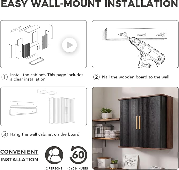 FIMELLO 29.5" W Bathroom Wall Cabinet, Laundry Room Cabinets Wall Mounted with Sliding Tambour Door, Kitchen Wall Cabinet, Floating Cabinet for Wall, Upper Cabinets, Black Walnut