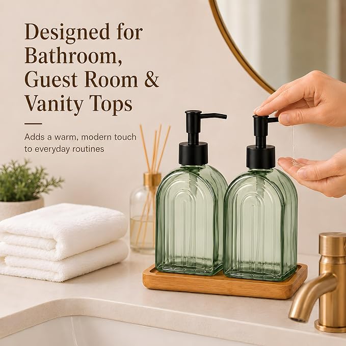 2 Pack Arch Glass Soap Dispenser with Acacia Wood Tray, 11oz Green Rainbow Decorative Hand Soap Dispenser with Rustproof Pump, Refillable Liquid Dispenser for Bathroom, Kitchen, Countertop