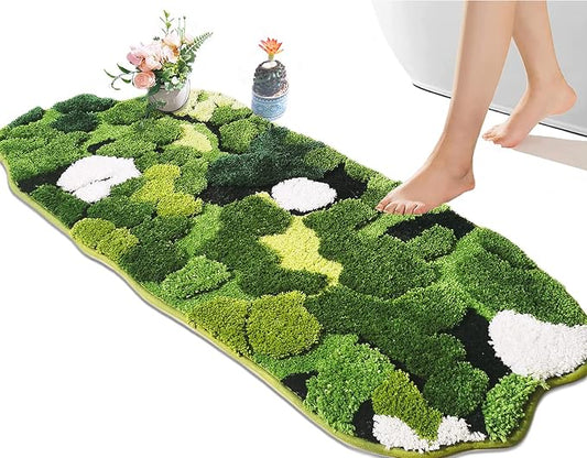 Hifuwan Cute Green Moss Bathroom Runner Rugs, Plant Leaf Bath Mats 20 x 43 | Boho Aesthetic, Long Rectangular Shaggy Non Slip, Machine Washable, Absorbent Bathmats for Bedroom, Shower Floor, Home Decor