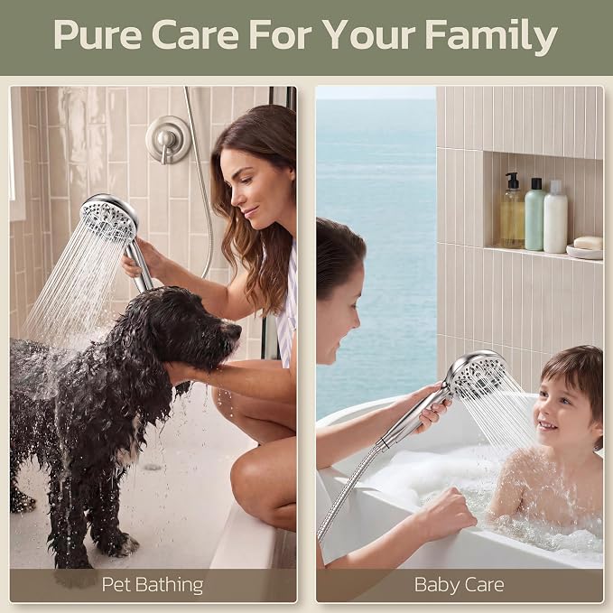 JDO Handheld Shower Head, 6 Spray Settings, Brushed Nickel Finish | High-pressure flow, detachable design, stainless steel hose & bracket, universal bathroom connection