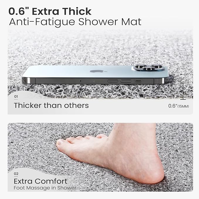 0.6" Extra Thick Non Slip Shower Mat, PVC Loofah Shower Mat with Drain, Quick Drying Bath Mat for Inside Shower, Bathtub Mats Foot Scrubber for Elderly, Bathroom, Kitchen, Wet Areas(Grey 16x27)