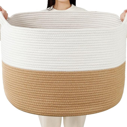 Foldable Laundry Hamper Basket with Collapsible Handle Cotton Rope Soft Woven Fabric Storage Organizer Clothes Toys Nursery Bedroom Dorm Space Saving Bin (White & Camel, 80L(21.7"D x 13.8"H))