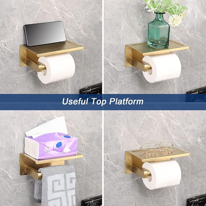 NearMoon Toilet Paper Holder with Shelf, Heavy Duty Bath Toilet Roll Holder with Phone Shelf Tissue Hanger for Bathroom/Kitchen No Drill or Wall Mounted(304 Stainless Steel, Brushed Gold)