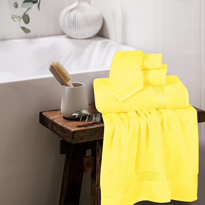 Ultra Soft 6 Pack Cotton Towel Set, Contains 2 Bath Towels 28x55 inch, 2 Hand Towels 16x24 inch & 2 Wash Coths 12x12 inch, Ideal for Everyday use, Compact & Lightweight - Yellow