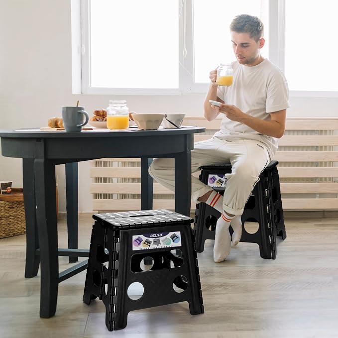 Delxo Folding Step Stool 13 Inch,300 Lbs Step Stool for Adults Black | Foldable Step Stool 13",Non-Slip Foot Stools with Handle,Lightweight Collapsible stools for Kitchen,Bathroom,Bedroom,Garden
