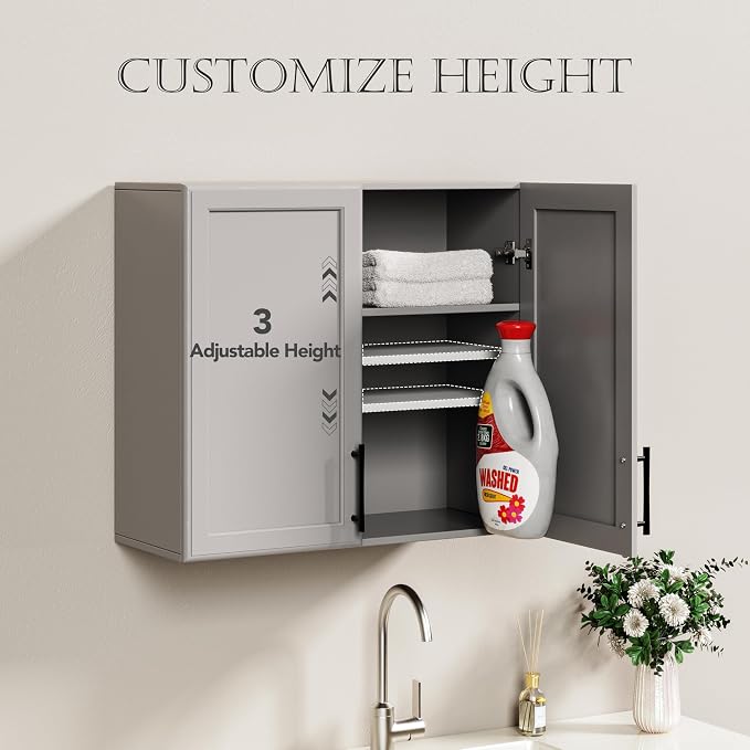 FIMELLO 47.2" W Wall Cabinets for Laundry Room, Kitchen Wall Cabinets, Hanging Cabinets for Wall, Bathroom Wall Cabinet, with Adjustable Shelf, Shaker Doors, Grey