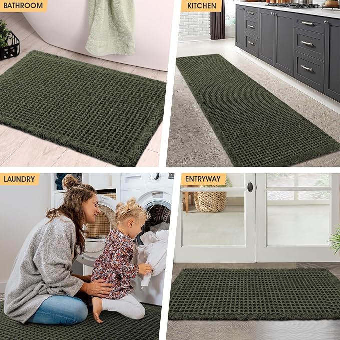 Waffle Bath Mat Dark Green 24"x17",Boho Woven Modern Bath Mat Rugs, Absorbent Non Slip Bathroom Rugs, Soft Washable Bath Rugs with Tassels for Bedroom, Kitchen, Shower, Tub